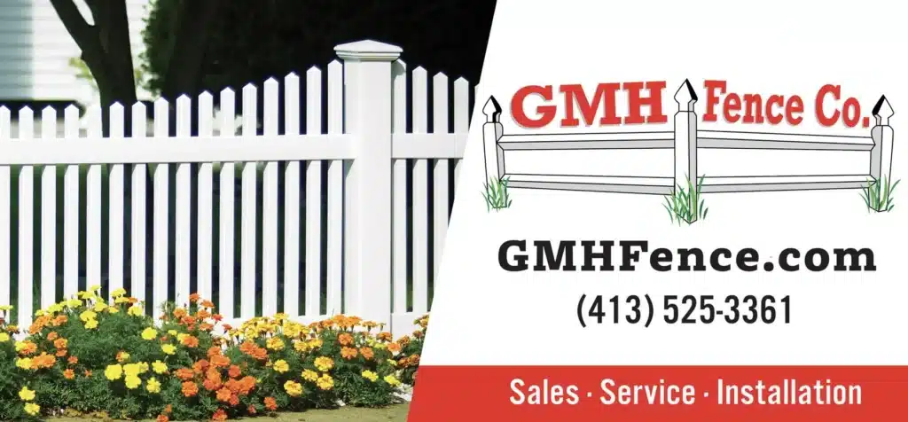 White picket fence with yellow and orange flowers on the left; on the right, GMH Fence Co. logo with website, phone number, and text: Sales • Service • Installation.