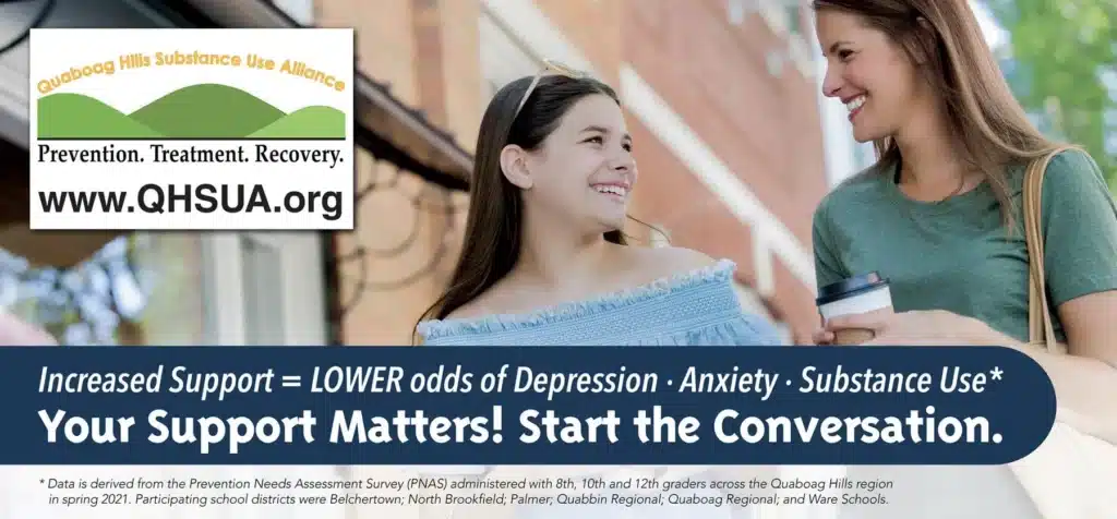 Two women, one younger and one older, smile and talk outdoors. Overlay text promotes substance use prevention and the importance of support in reducing depression, anxiety, and substance use. A website and prevention alliance logo are shown.