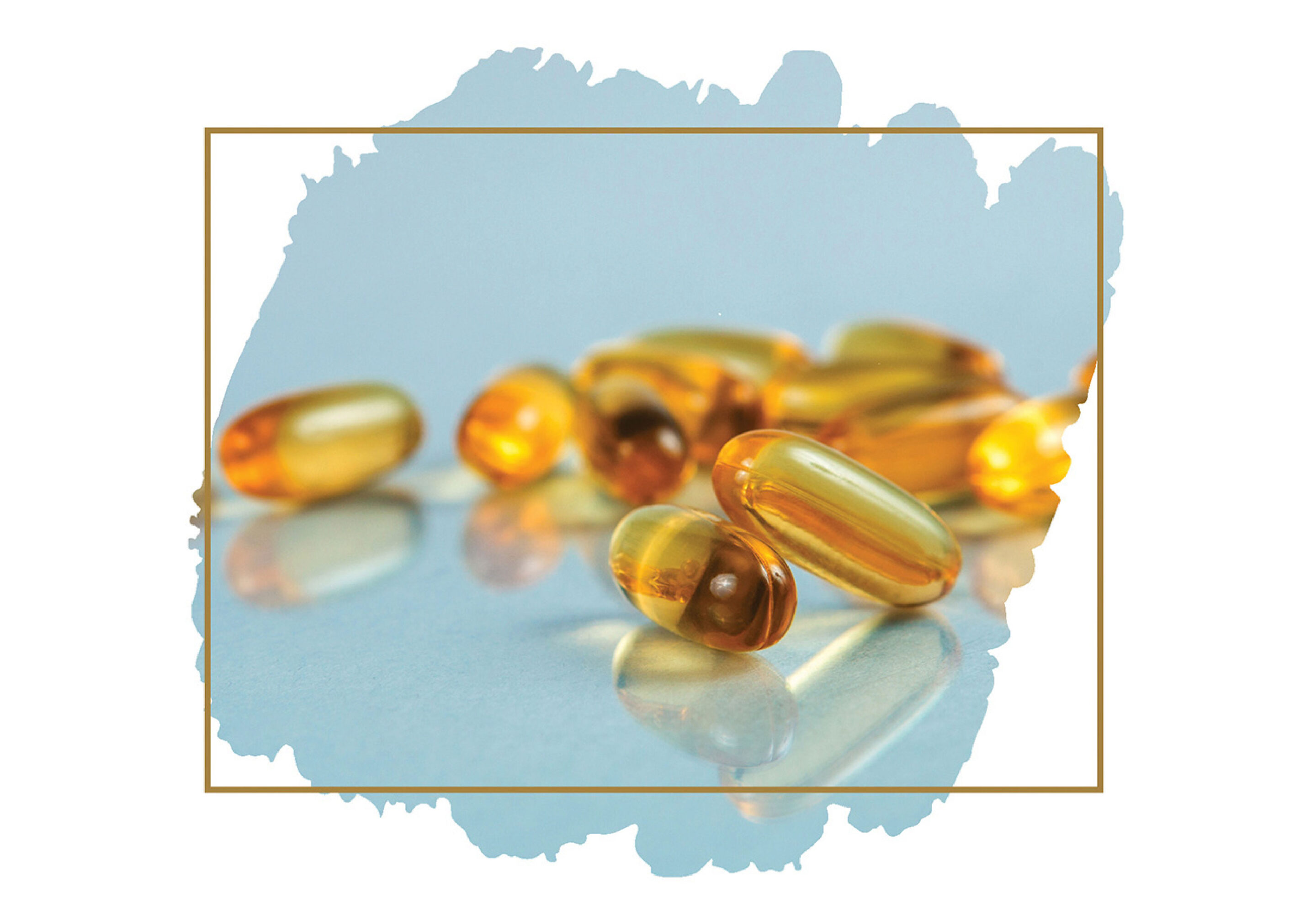 A group of softgel capsules, possibly vitamins or supplements, are arranged on a reflective surface with a pale blue watercolor background and a white border around the capsules.