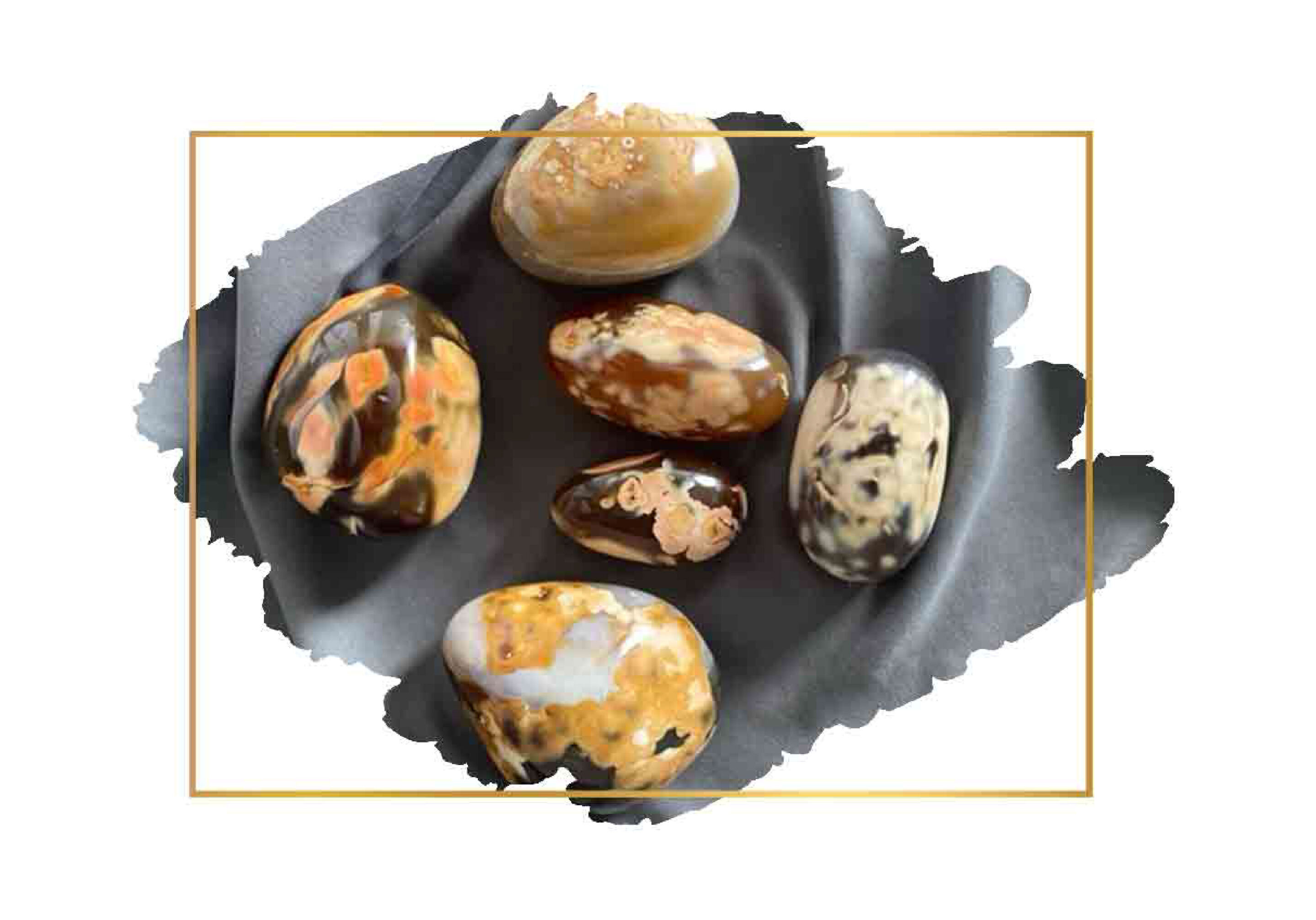 Five polished brown and beige stones with various patterns are displayed on a black and gray brushstroke background, bordered by a thin rectangular gold frame.