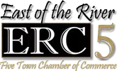 Logo for East of the River ERC 5 with the text Five Town Chamber of Commerce underneath in script font. The design uses gold, black, and white colors.