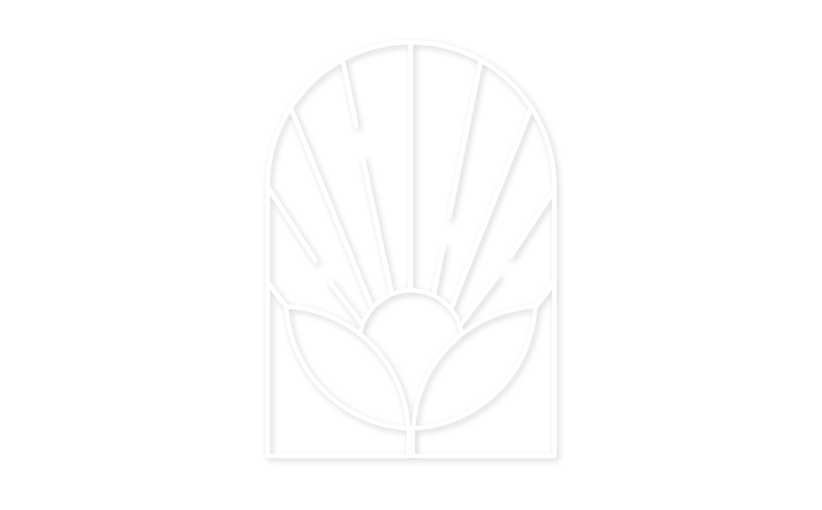 A minimalist white line drawing of a sun rising above two leaves, framed by a rounded arch, on a green background.