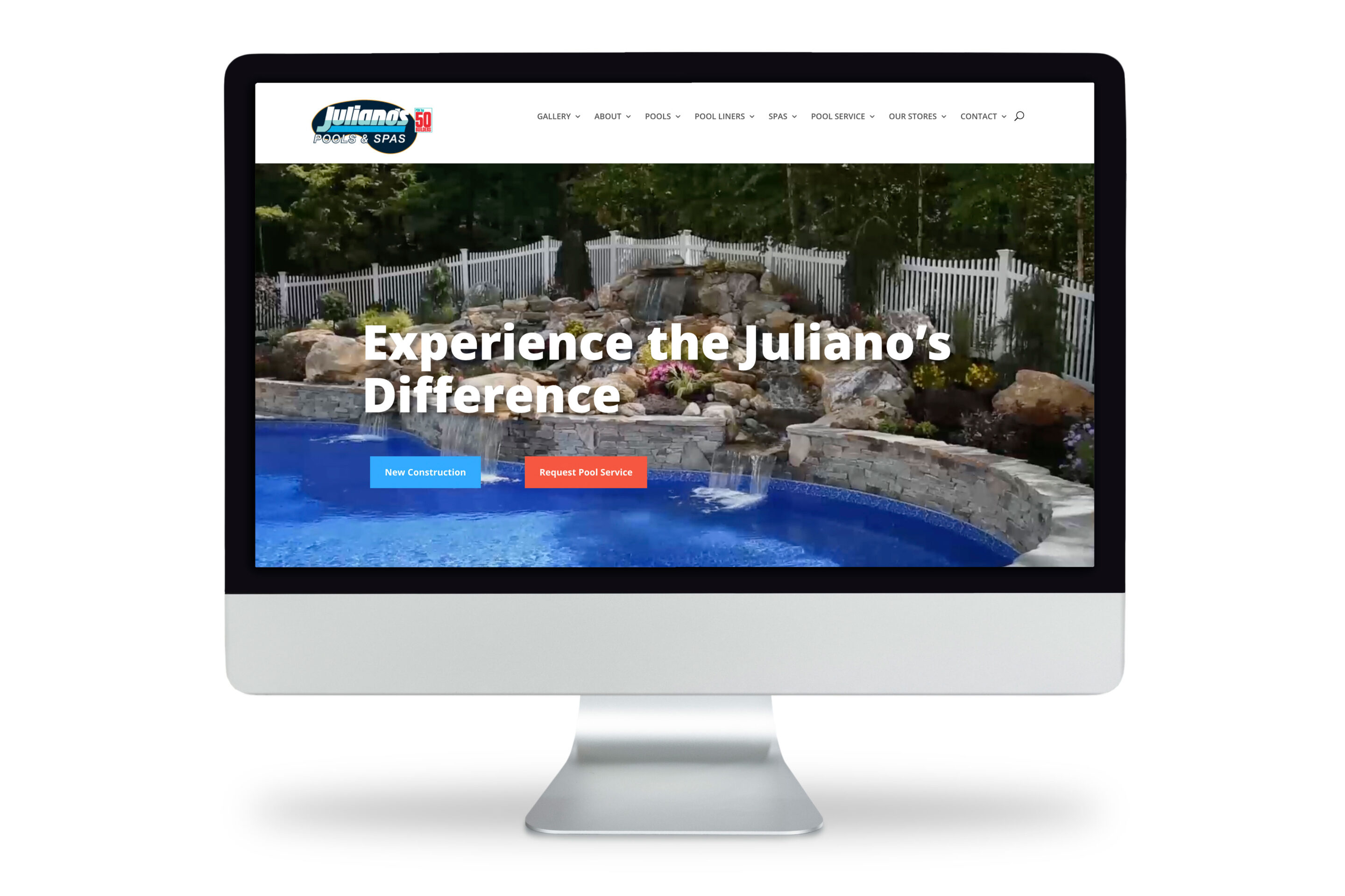 A computer monitor displays the Juliano’s Pools & Spas website, featuring a backyard pool with a rock waterfall, greenery, and the text “Experience the Juliano’s Difference” overlaid on the image.
