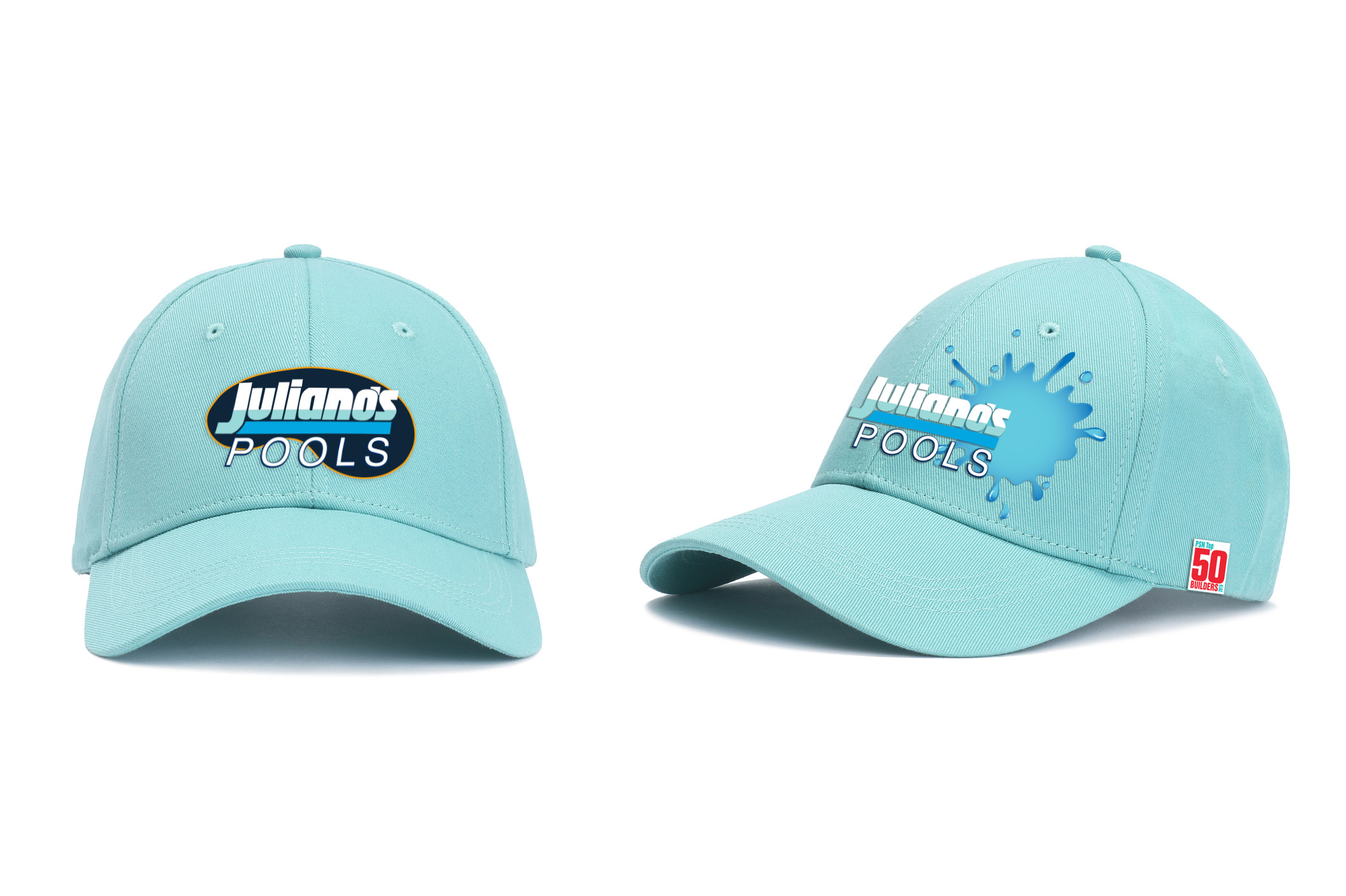 Two light blue baseball caps with Juliano’s Pools logos; the left cap has a simple oval logo, the right cap features a blue splash behind the logo and a small red and white 50 label on the brim.