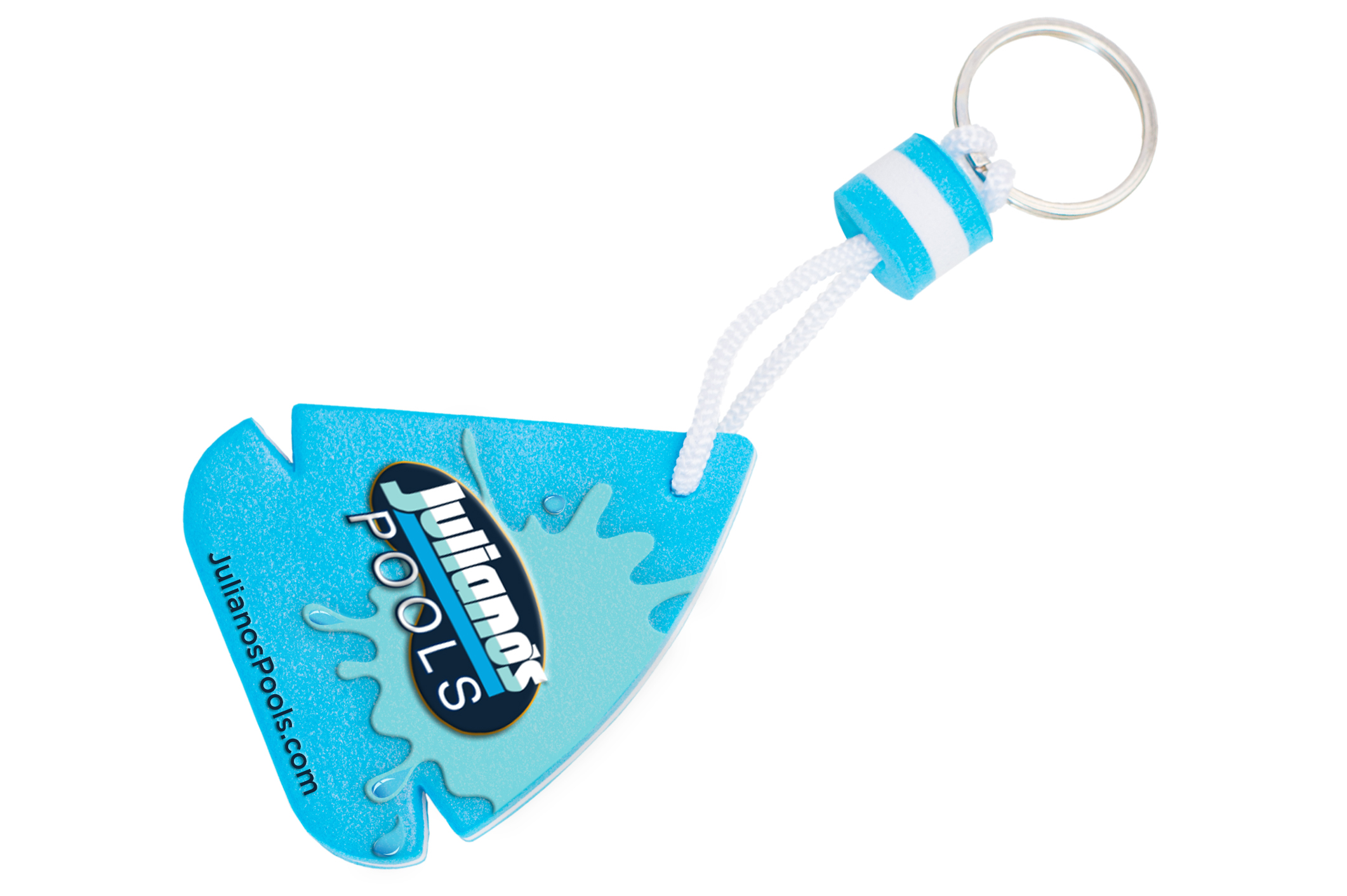 A blue foam keychain shaped like a pool with the text Julianos POOLS and Julianospools.com printed on it, attached to a white rope and metal key ring.
