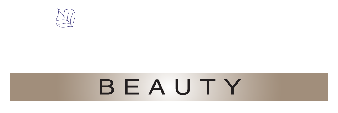 LaPremière Beauty logo with elegant white text on a black background, featuring a small purple leaf accent above the letter L and BEAUTY written in capital letters on a metallic beige bar.