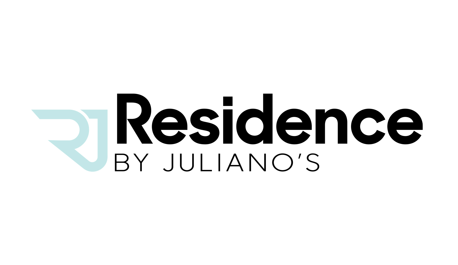 RJ Logo Logo for Residence by Julianos with a stylized light blue RJ icon on the left, and the business name in bold black and thin black text on a white background.