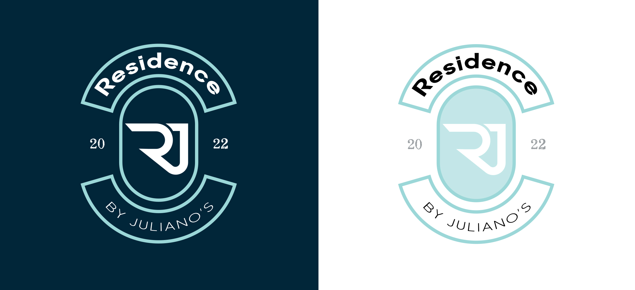 RJ Watermark Two versions of a logo for Residence by Juliano’s, featuring a stylized RJ in the center, the year 2022, and arched text on both dark blue and white backgrounds.