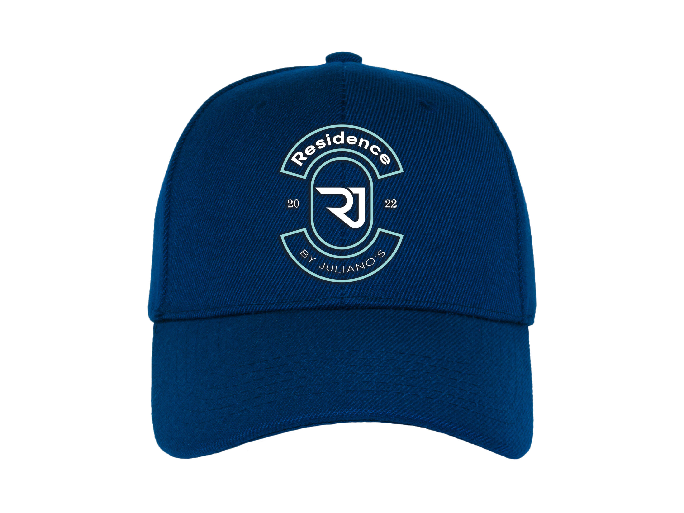 Residence-cap A blue baseball cap featuring a circular logo that reads “Residence by Juliano’s” with the initials “RJ” in the center and the year “2022” on either side of the logo.