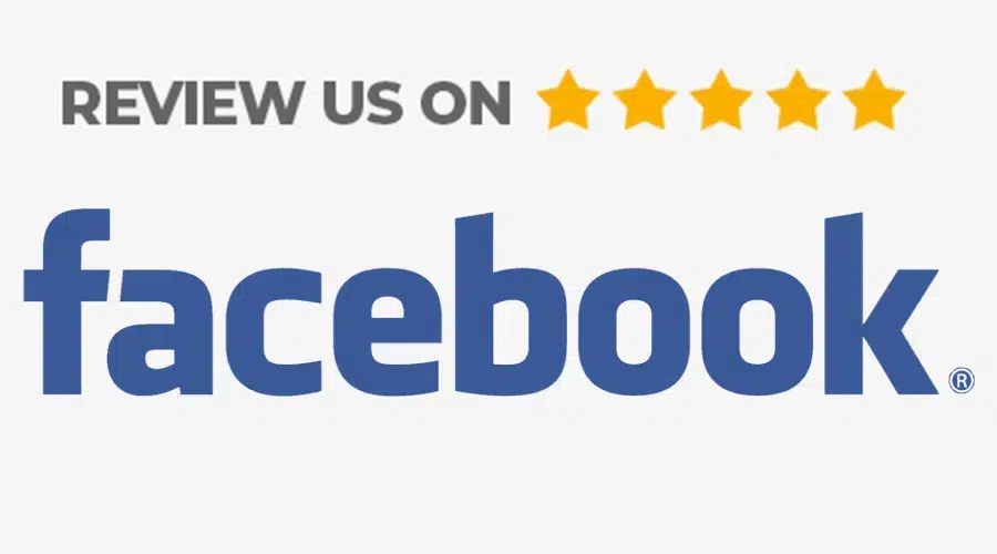 Review us on Facebook, five gold stars shown above the Facebook logo.
