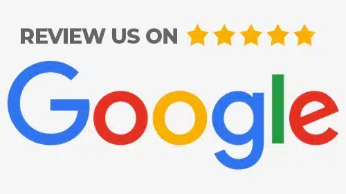 Review us on Google with five yellow stars above the word Google in large colorful letters.
