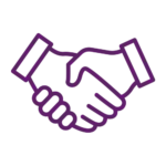 A simple purple outline of two hands shaking, symbolizing a handshake or agreement, on a transparent background.