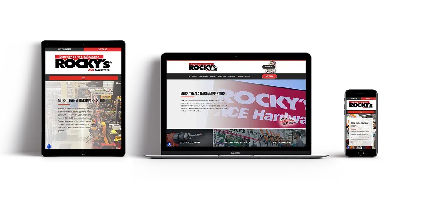 A tablet, laptop, and smartphone display the Rocky’s Ace Hardware website, showcasing its responsive design with the logo and homepage visible on all three devices against a white background.