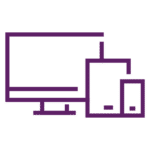 Purple outline icons of a desktop monitor, a tablet, and a smartphone, arranged together to represent multiple electronic devices.