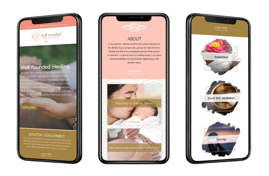 Three smartphones display a wellness website featuring services like acupuncture, sound bath meditation, and intuitive development, with images of a lotus, a mother and baby, and warm, inviting colors.