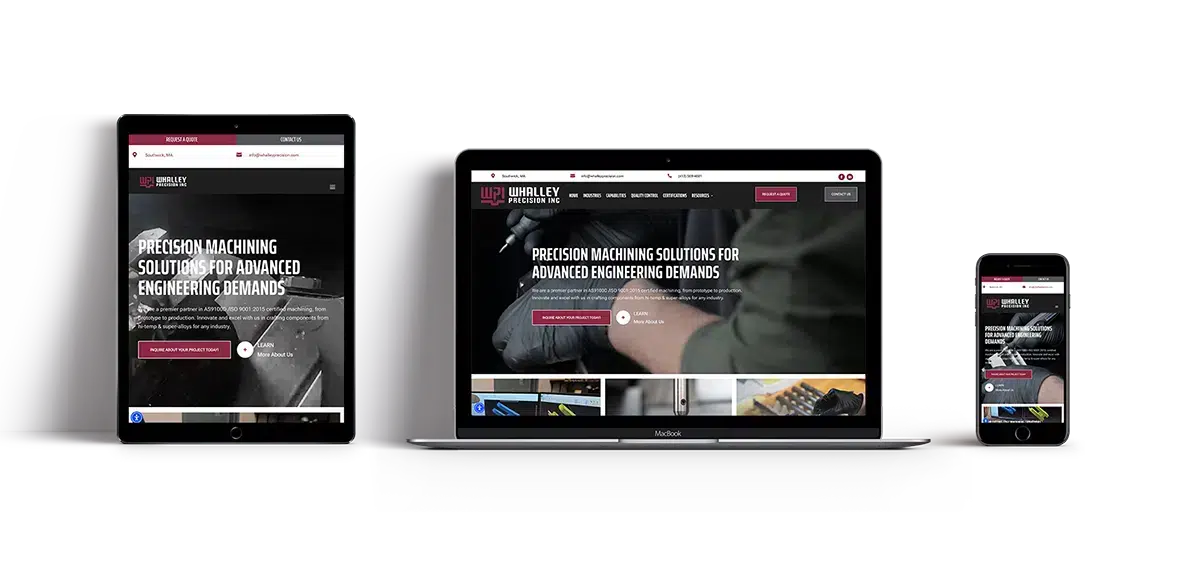 A website for a precision machining company is displayed on a tablet, laptop, and smartphone, showing responsive design with the same homepage content visible on each device screen.