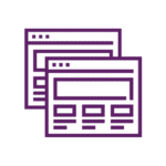 Purple icon showing two overlapping web browser windows, each featuring a header, search bar, and several rectangular content blocks below.