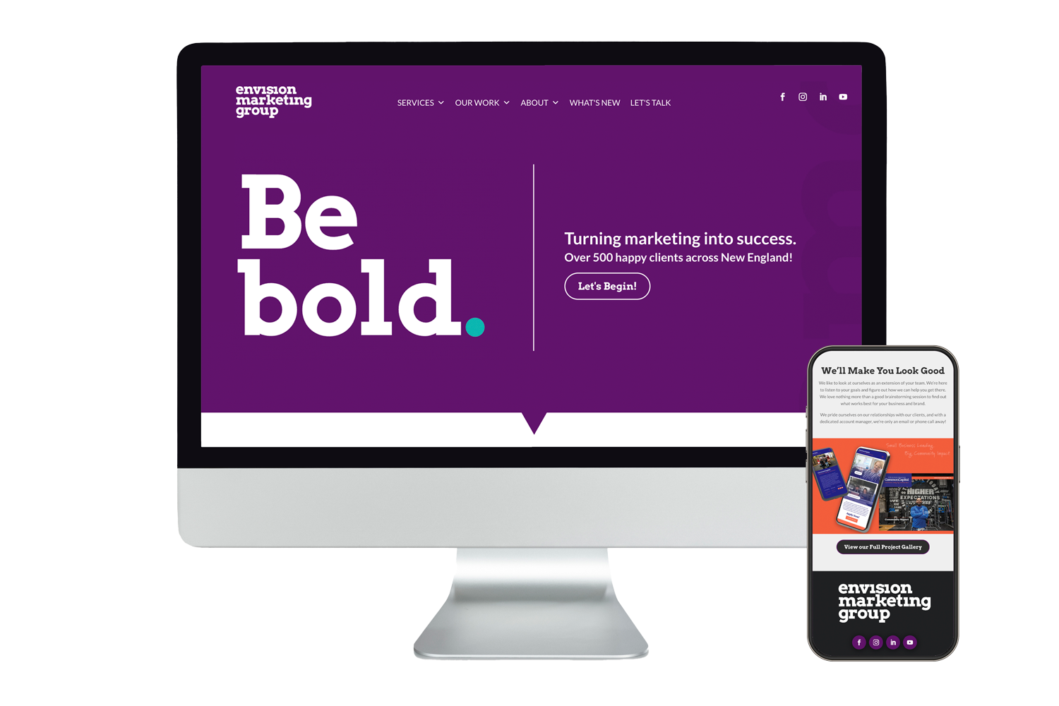 A computer and smartphone display the Envision Marketing Group website with the slogan Be bold. on a purple background, and a button that says Lets Begin! is visible on the monitor.