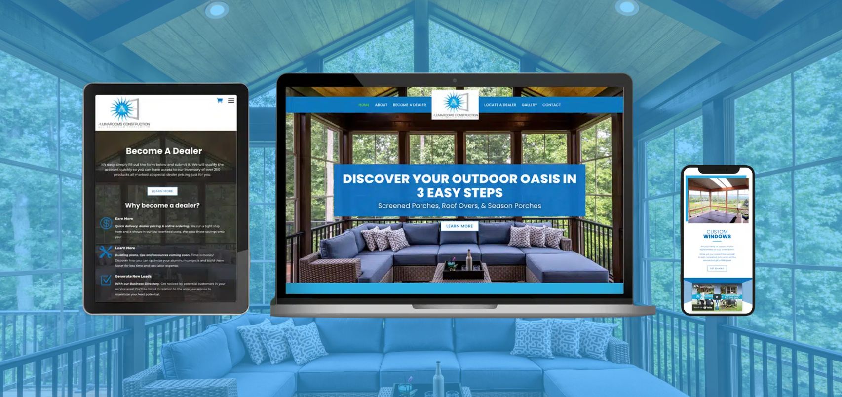 A tablet, laptop, and smartphone display a website about creating outdoor oases, shown in a bright, modern screened porch with a blue sectional sofa and large windows overlooking greenery.