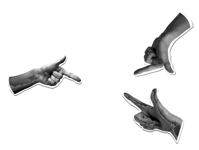 Three black-and-white hands point toward a large, textured question mark in the center, all set against a black background.