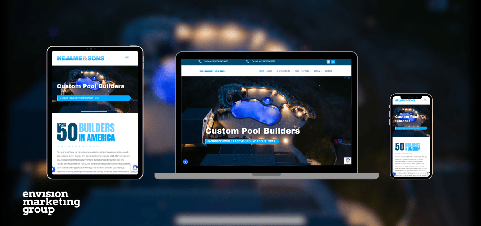 A tablet, laptop, and smartphone display a pool builders website design featuring Custom Pool Builders and a pool aerial view, with an Envision Marketing Group logo in the corner.