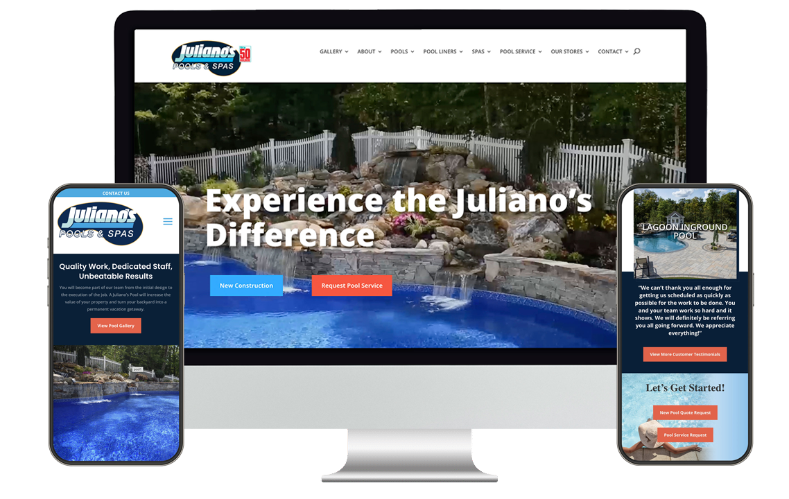 A desktop monitor and two smartphones display the Juliano’s Pools & Spas website, featuring images of a backyard pool, navigation menus, and highlighted service buttons on a clean, modern interface.