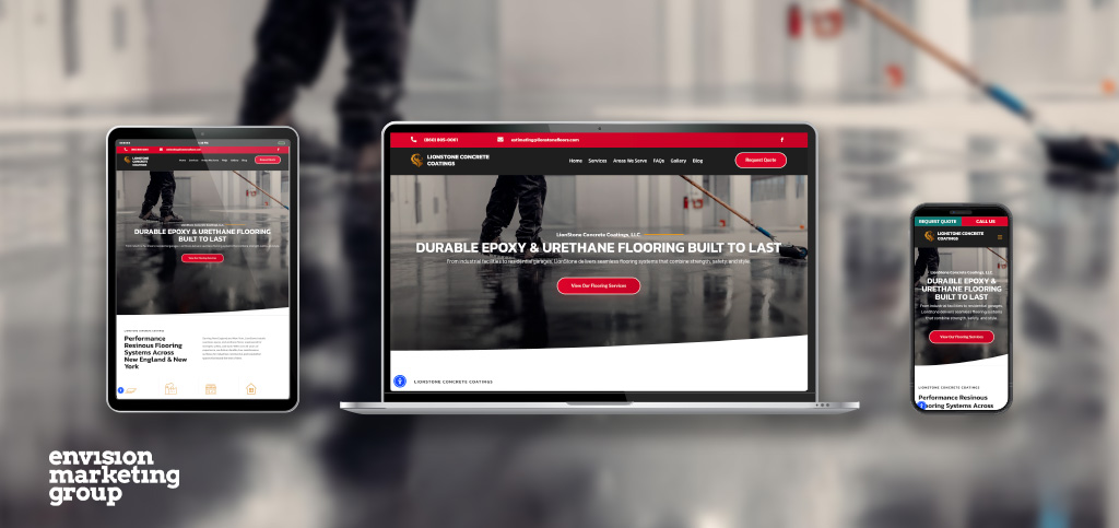 A tablet, laptop, and smartphone showcase a new website design for a flooring company, featuring workers applying epoxy flooring in the background. The Envision Marketing Group logo appears in the bottom left corner.