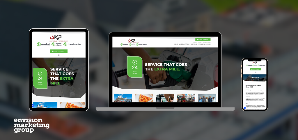 A tablet, laptop, and smartphone display a fuel center website design with a green and white theme. The screens show the homepage featuring “SERVICE THAT GOES THE EXTRA MILE,” set against a blurred aerial view of a gas station.