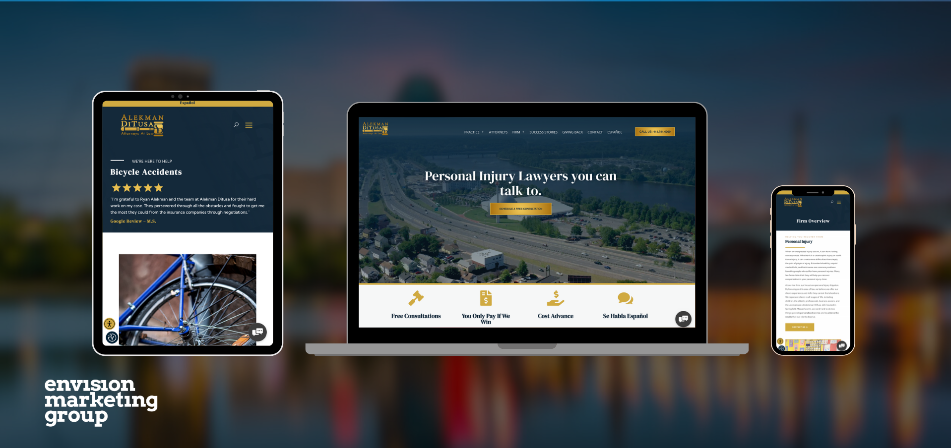 A tablet, laptop, and smartphone showcase the responsive website design of a personal injury law firm, featuring a legal logo, city aerial photo, service details, and icons for consultations and expert advice.