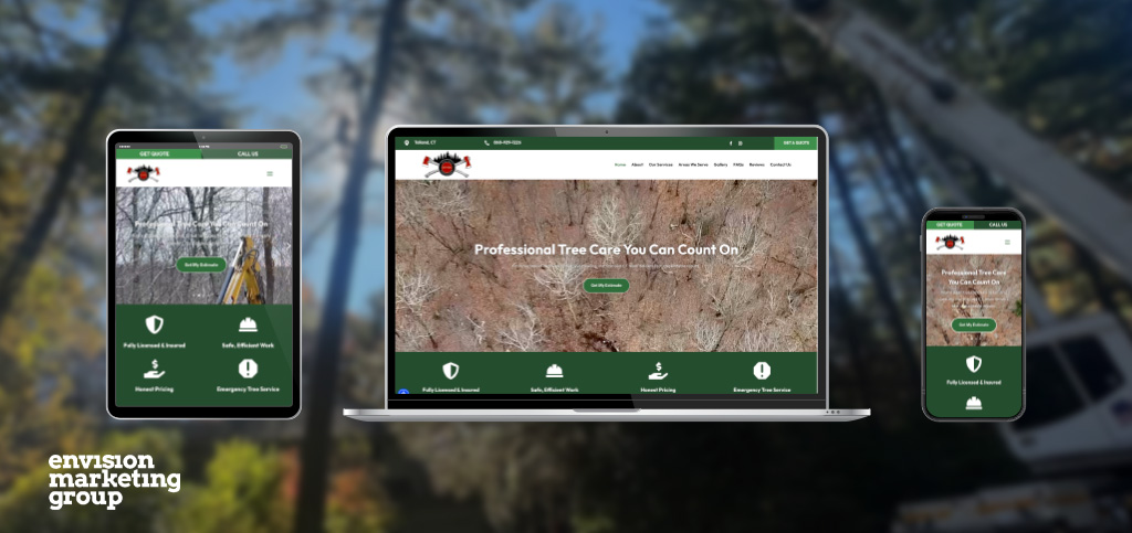 Three devices—a tablet, laptop, and smartphone—display a tree care companys website. The background shows tree branches and equipment. The Envision Marketing Group logo is in the lower-left corner.