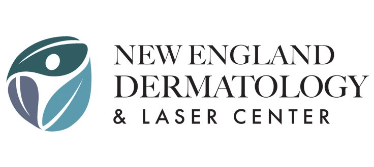 Logo for New England Dermatology & Laser Center featuring a stylized, abstract design in green and blue next to the center’s name in bold, uppercase black text.