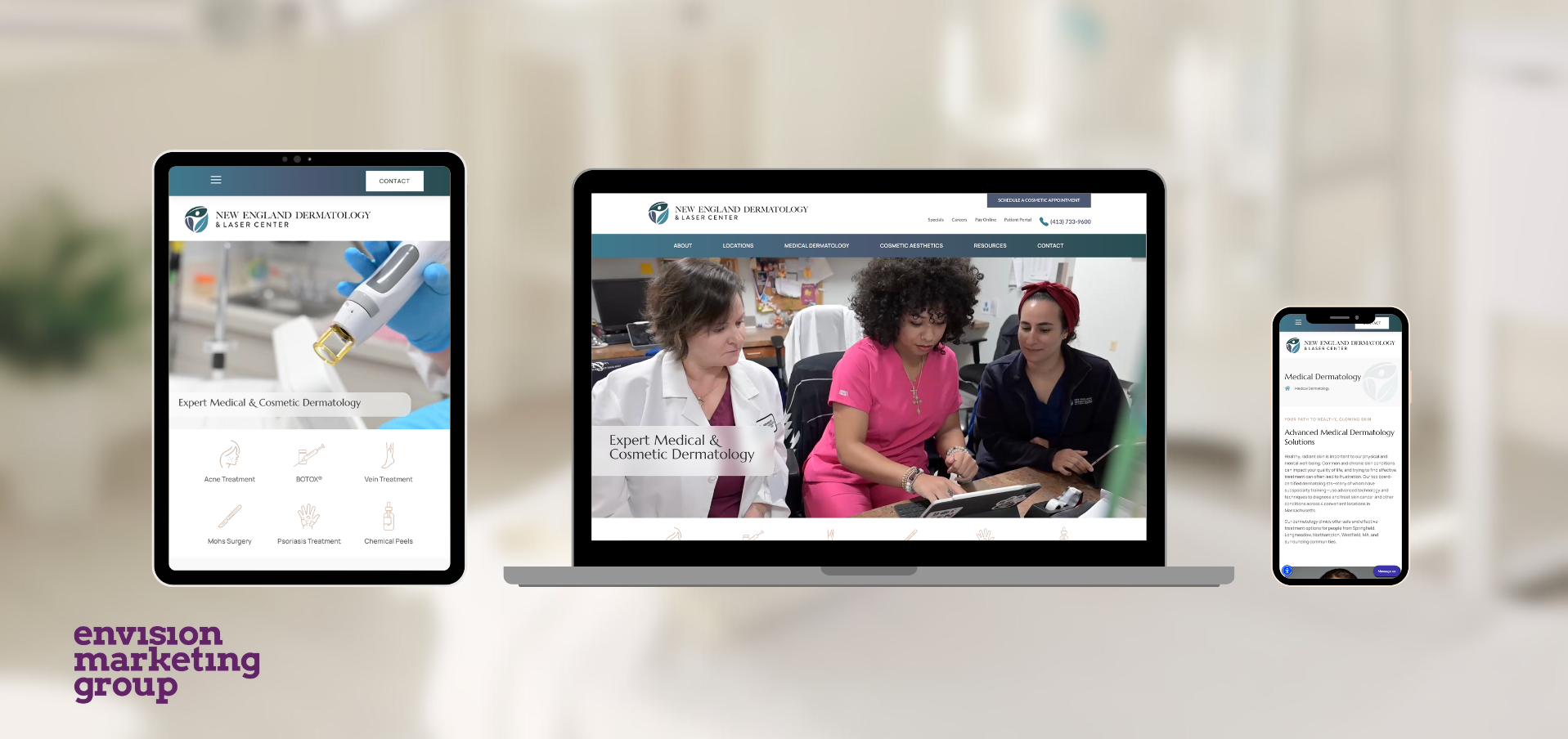 A tablet, laptop, and smartphone display a dermatology website design, highlighting staff photos and service details. The devices are arranged side by side on a blurred clinic background, with the Envision Marketing Group logo in the corner.