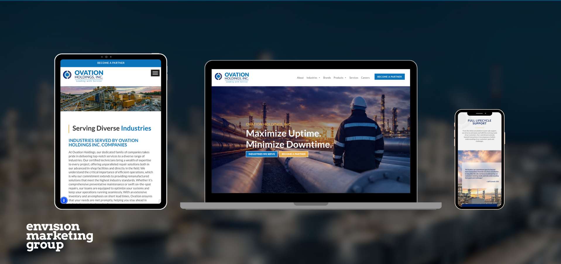 A digital mockup displays Ovation Holdings Co.’s website design on a tablet, laptop, and smartphone, each showing different site sections. The background is blurred, and the Envision Marketing Group logo appears in the lower left.